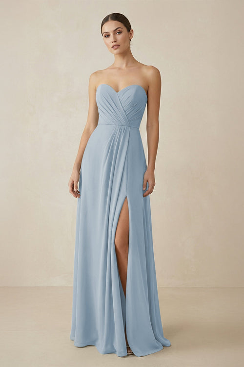 Sweetheart Chiffon A - Line Bridesmaid Dress with Slit in Dusty Blue - KissProm Bridesmaid Dresses