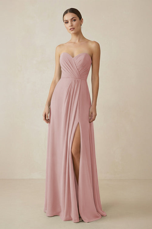 Sweetheart Chiffon A - Line Bridesmaid Dress with Slit in Dusty Rose - KissProm Bridesmaid Dresses