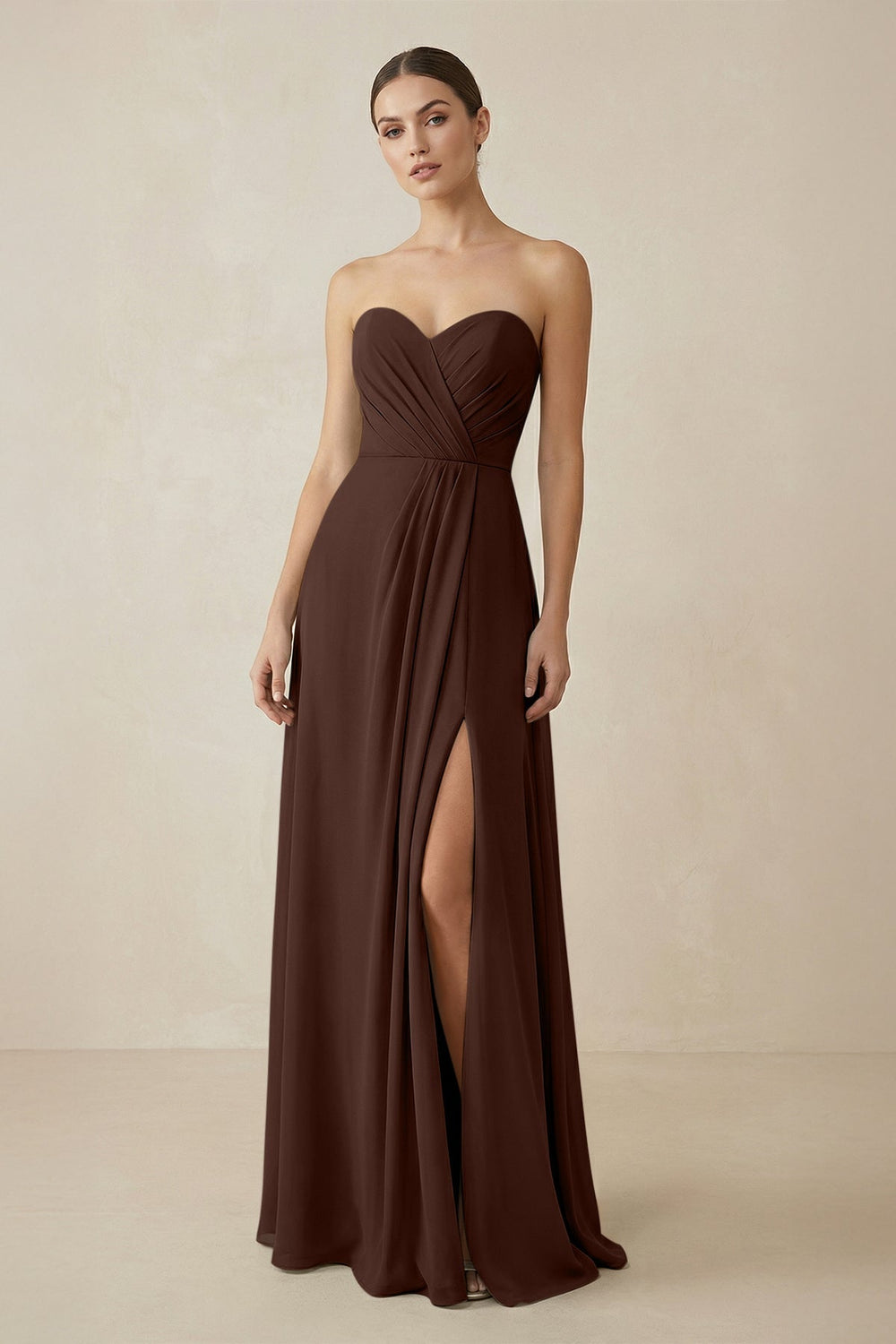 Sweetheart Chiffon A - Line Bridesmaid Dress with Slit in Espresso - KissProm Bridesmaid Dresses