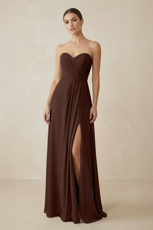Sweetheart Chiffon A - Line Bridesmaid Dress with Slit in Espresso - KissProm Bridesmaid Dresses