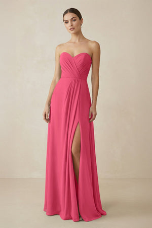 Sweetheart Chiffon A - Line Bridesmaid Dress with Slit in Fuchsia - KissProm Bridesmaid Dresses