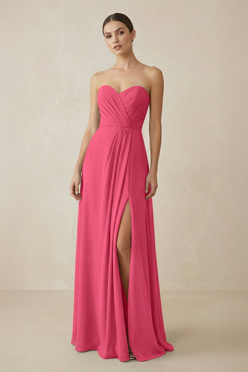 Sweetheart Chiffon A - Line Bridesmaid Dress with Slit in Fuchsia - KissProm Bridesmaid Dresses
