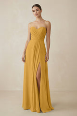 Sweetheart Chiffon A - Line Bridesmaid Dress with Slit in Marigold - KissProm Bridesmaid Dresses