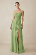 Sweetheart Chiffon A - Line Bridesmaid Dress with Slit in Matcha - KissProm Bridesmaid Dresses