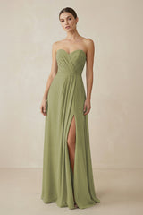 Sweetheart Chiffon A - Line Bridesmaid Dress with Slit in Moss Green - KissProm Bridesmaid Dresses