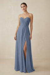 Sweetheart Chiffon A - Line Bridesmaid Dress with Slit in Neptune - KissProm Bridesmaid Dresses