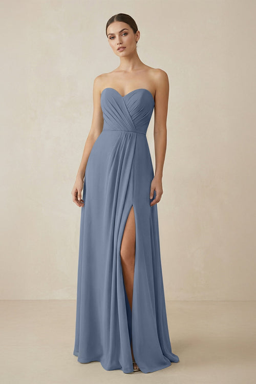 Sweetheart Chiffon A - Line Bridesmaid Dress with Slit in Neptune - KissProm Bridesmaid Dresses