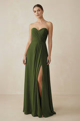 Sweetheart Chiffon A - Line Bridesmaid Dress with Slit in Olive - KissProm Bridesmaid Dresses