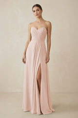 Sweetheart Chiffon A - Line Bridesmaid Dress with Slit in Pale Blush - KissProm Bridesmaid Dresses