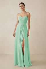 Sweetheart Chiffon A - Line Bridesmaid Dress with Slit in Pale Pistachio - KissProm Bridesmaid Dresses