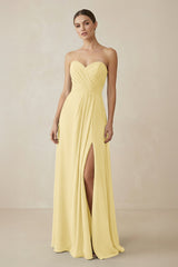 Sweetheart Chiffon A - Line Bridesmaid Dress with Slit in Pastel Yellow - KissProm Bridesmaid Dresses