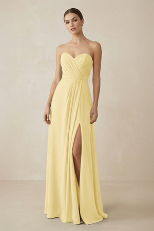 Sweetheart Chiffon A - Line Bridesmaid Dress with Slit in Pastel Yellow - KissProm Bridesmaid Dresses