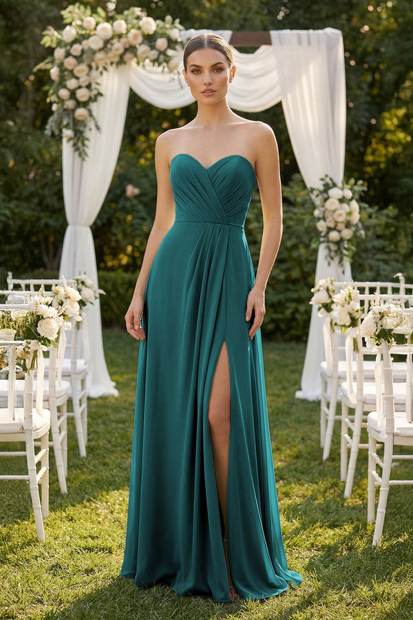 KissProm Sweetheart Chiffon A-Line Bridesmaid Dress with Slit in Pine, Pine / 0