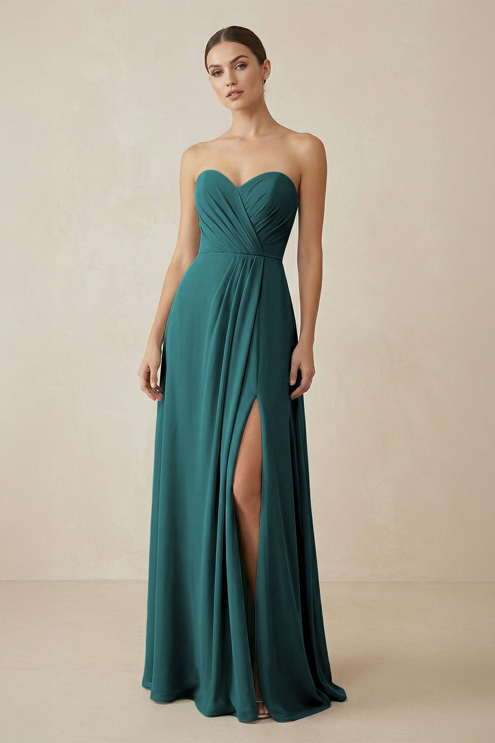 Sweetheart Chiffon A - Line Bridesmaid Dress with Slit in Pine - KissProm Bridesmaid Dresses