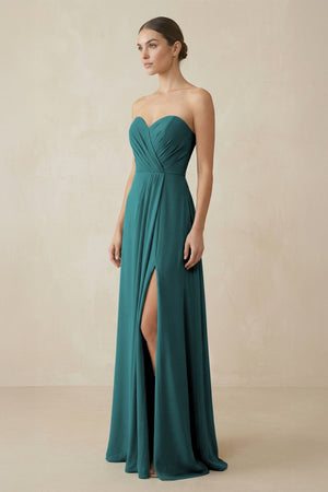 Sweetheart Chiffon A - Line Bridesmaid Dress with Slit in Pine - KissProm Bridesmaid Dresses