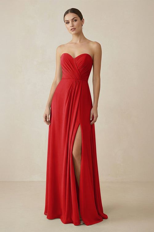 Sweetheart Chiffon A - Line Bridesmaid Dress with Slit in Ruby Red - KissProm Bridesmaid Dresses