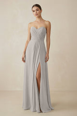 Sweetheart Chiffon A - Line Bridesmaid Dress with Slit in Silver - KissProm Bridesmaid Dresses