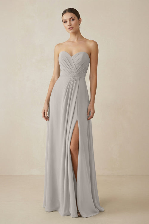 Sweetheart Chiffon A - Line Bridesmaid Dress with Slit in Silver - KissProm Bridesmaid Dresses