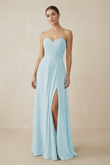 Sweetheart Chiffon A - Line Bridesmaid Dress with Slit in Sky Blue - KissProm Bridesmaid Dresses