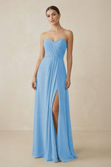 Sweetheart Chiffon A - Line Bridesmaid Dress with Slit in Steel Blue - KissProm Bridesmaid Dresses