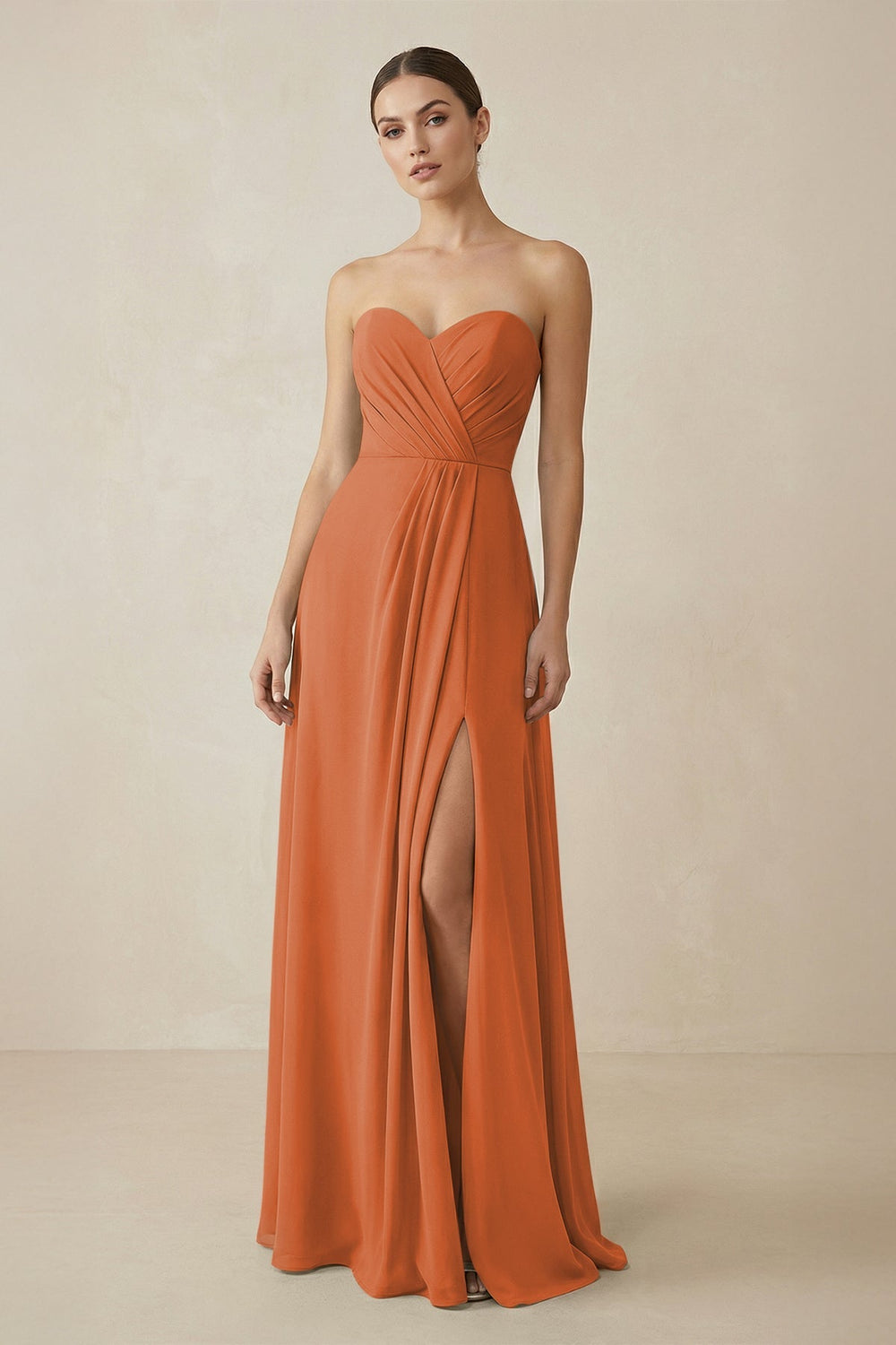 Sweetheart Chiffon A - Line Bridesmaid Dress with Slit in Terracotta - KissProm Bridesmaid Dresses