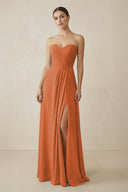 Sweetheart Chiffon A - Line Bridesmaid Dress with Slit in Terracotta - KissProm Bridesmaid Dresses