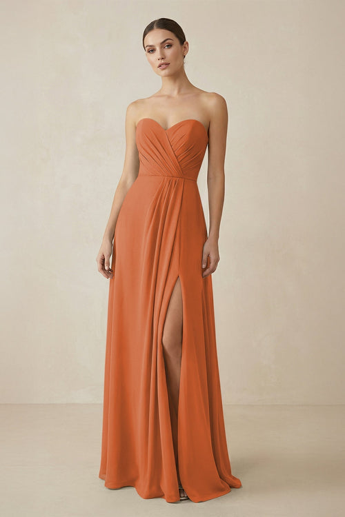 Sweetheart Chiffon A - Line Bridesmaid Dress with Slit in Terracotta - KissProm Bridesmaid Dresses