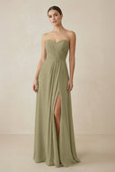 Sweetheart Chiffon A - Line Bridesmaid Dress with Slit in Thyme - KissProm Bridesmaid Dresses
