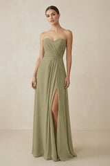 Sweetheart Chiffon A - Line Bridesmaid Dress with Slit in Thyme - KissProm Bridesmaid Dresses