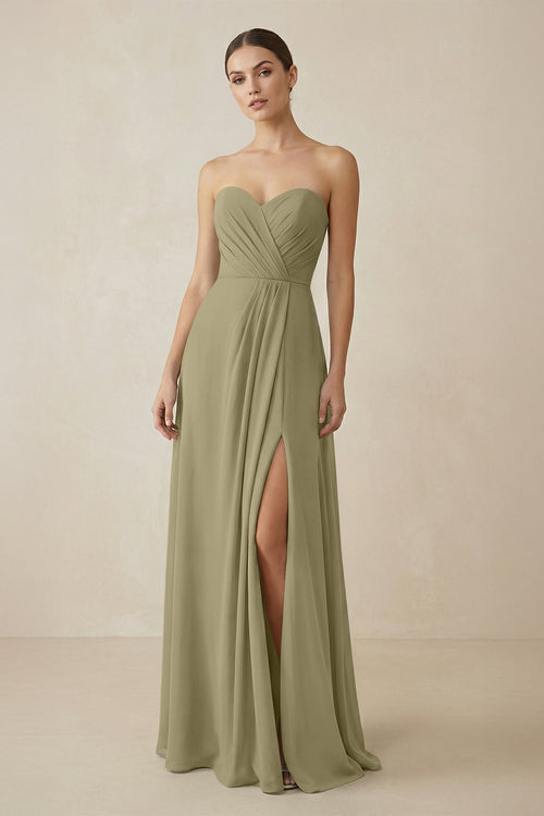 Sweetheart Chiffon A - Line Bridesmaid Dress with Slit in Thyme - KissProm Bridesmaid Dresses