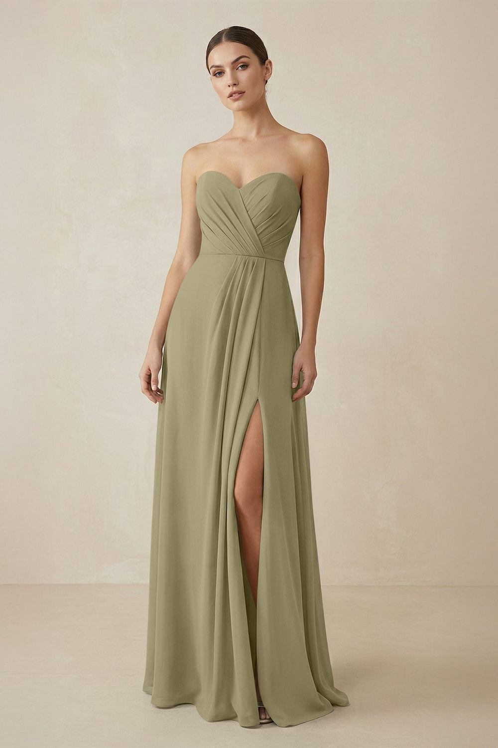Sweetheart Chiffon A - Line Bridesmaid Dress with Slit in Thyme - KissProm Bridesmaid Dresses