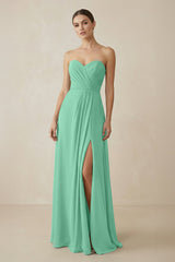 Sweetheart Chiffon A - Line Bridesmaid Dress with Slit in Turquoise - KissProm Bridesmaid Dresses