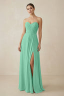 Sweetheart Chiffon A - Line Bridesmaid Dress with Slit in Turquoise - KissProm Bridesmaid Dresses