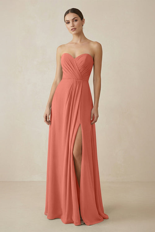 Sweetheart Chiffon A - Line Bridesmaid Dress with Slit in Wild Rose - KissProm Bridesmaid Dresses