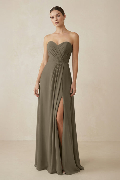 Sweetheart Chiffon A - Line Bridesmaid Dress with Slit in Willow Green - KissProm Bridesmaid Dresses
