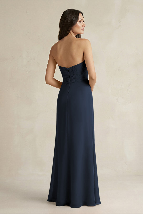 Sweetheart Chiffon Pleated Sheath Bridesmaid Dress in Dark Navy - KissProm Bridesmaid Dresses