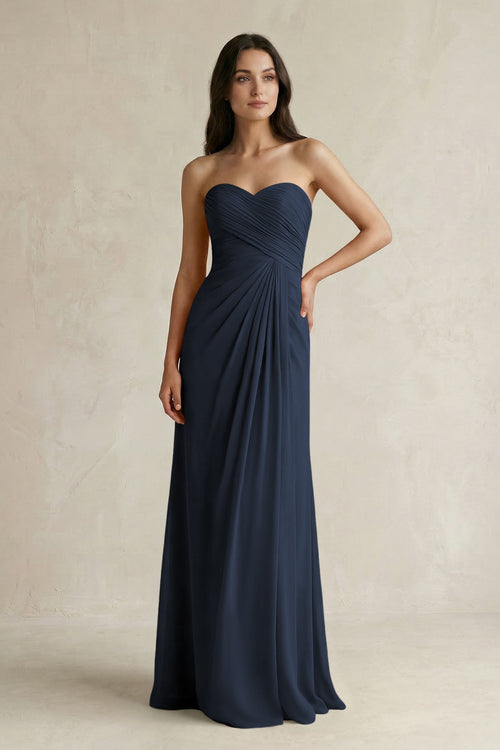 Sweetheart Chiffon Pleated Sheath Bridesmaid Dress in Dark Navy - KissProm Bridesmaid Dresses