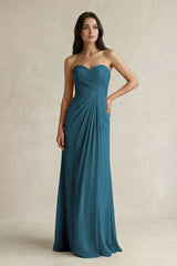 Sweetheart Chiffon Pleated Sheath Bridesmaid Dress in Dark Teal - KissProm Bridesmaid Dresses