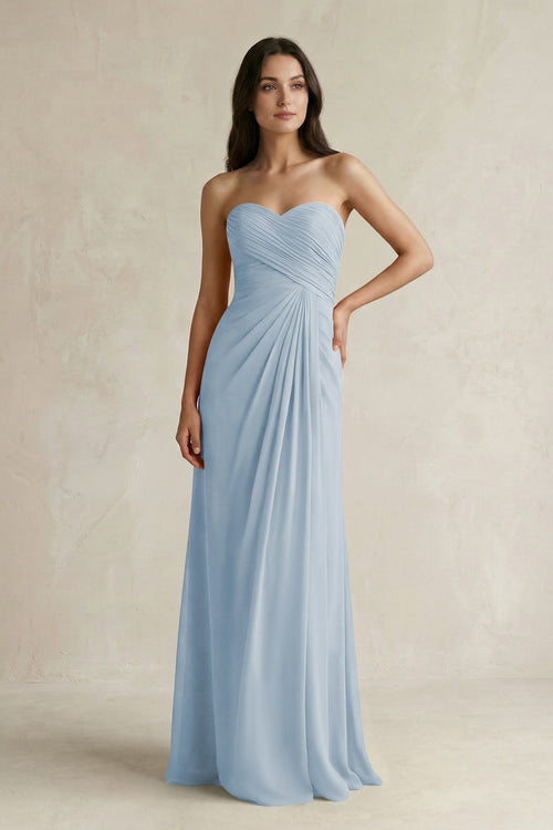 Sweetheart Chiffon Pleated Sheath Bridesmaid Dress in Dusty Blue - KissProm Bridesmaid Dresses