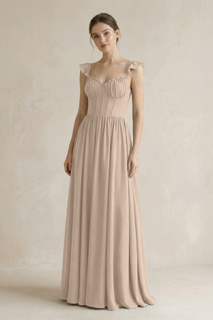 Sweetheart Chiffon Ruffled A - Line Corset Bridesmaid Dress in Almond - KissProm Bridesmaid Dresses