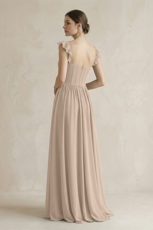 Sweetheart Chiffon Ruffled A - Line Corset Bridesmaid Dress in Almond - KissProm Bridesmaid Dresses