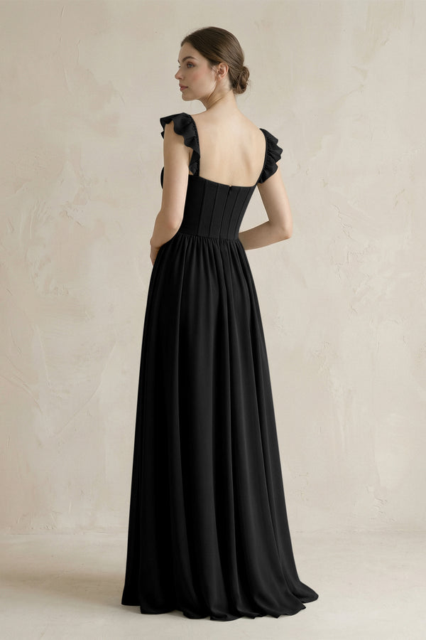Sweetheart Chiffon Ruffled A - Line Corset Bridesmaid Dress in Black - KissProm Bridesmaid Dresses