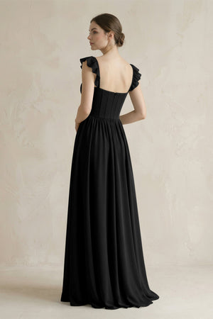 Sweetheart Chiffon Ruffled A - Line Corset Bridesmaid Dress in Black - KissProm Bridesmaid Dresses