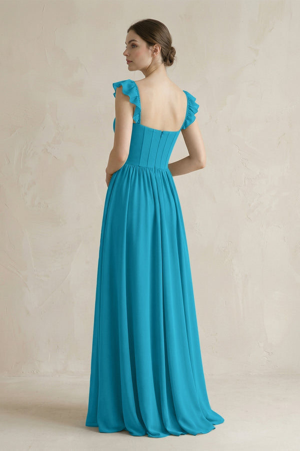 Sweetheart Chiffon Ruffled A - Line Corset Bridesmaid Dress in Blue Jay - KissProm Bridesmaid Dresses