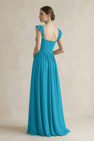 Sweetheart Chiffon Ruffled A - Line Corset Bridesmaid Dress in Blue Jay - KissProm Bridesmaid Dresses