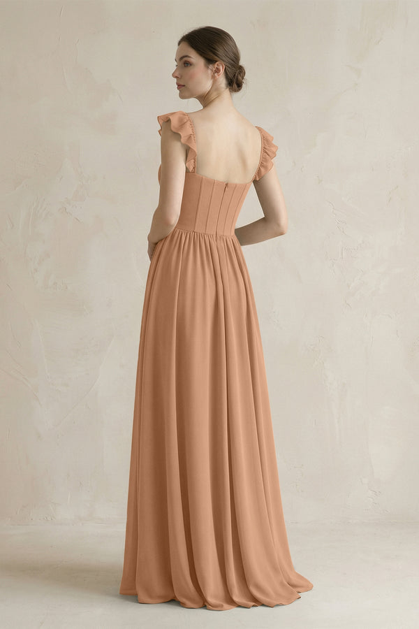Sweetheart Chiffon Ruffled A - Line Corset Bridesmaid Dress in Bronzer - KissProm Bridesmaid Dresses