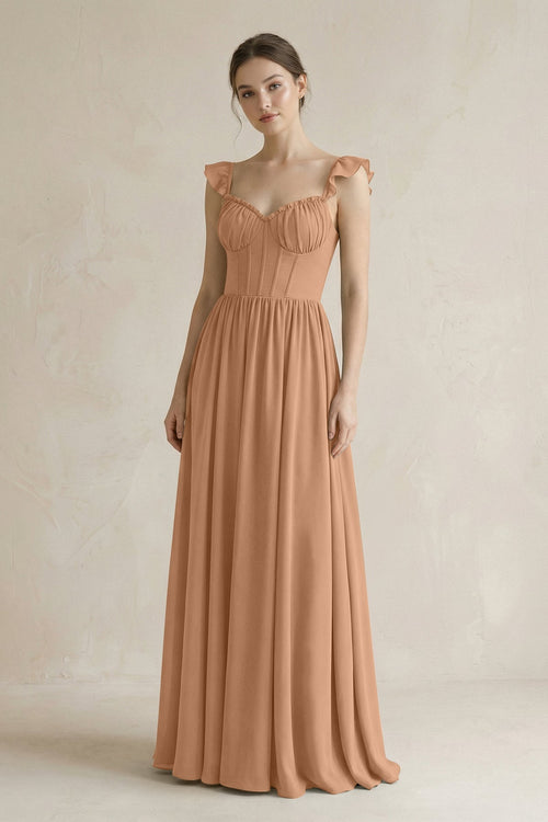 Sweetheart Chiffon Ruffled A - Line Corset Bridesmaid Dress in Bronzer - KissProm Bridesmaid Dresses