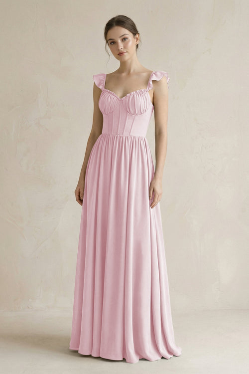 Sweetheart Chiffon Ruffled A - Line Corset Bridesmaid Dress in Candy Pink - KissProm Bridesmaid Dresses