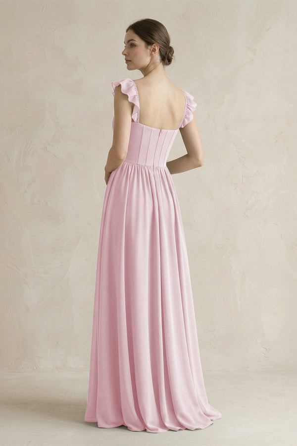 Sweetheart Chiffon Ruffled A - Line Corset Bridesmaid Dress in Candy Pink - KissProm Bridesmaid Dresses