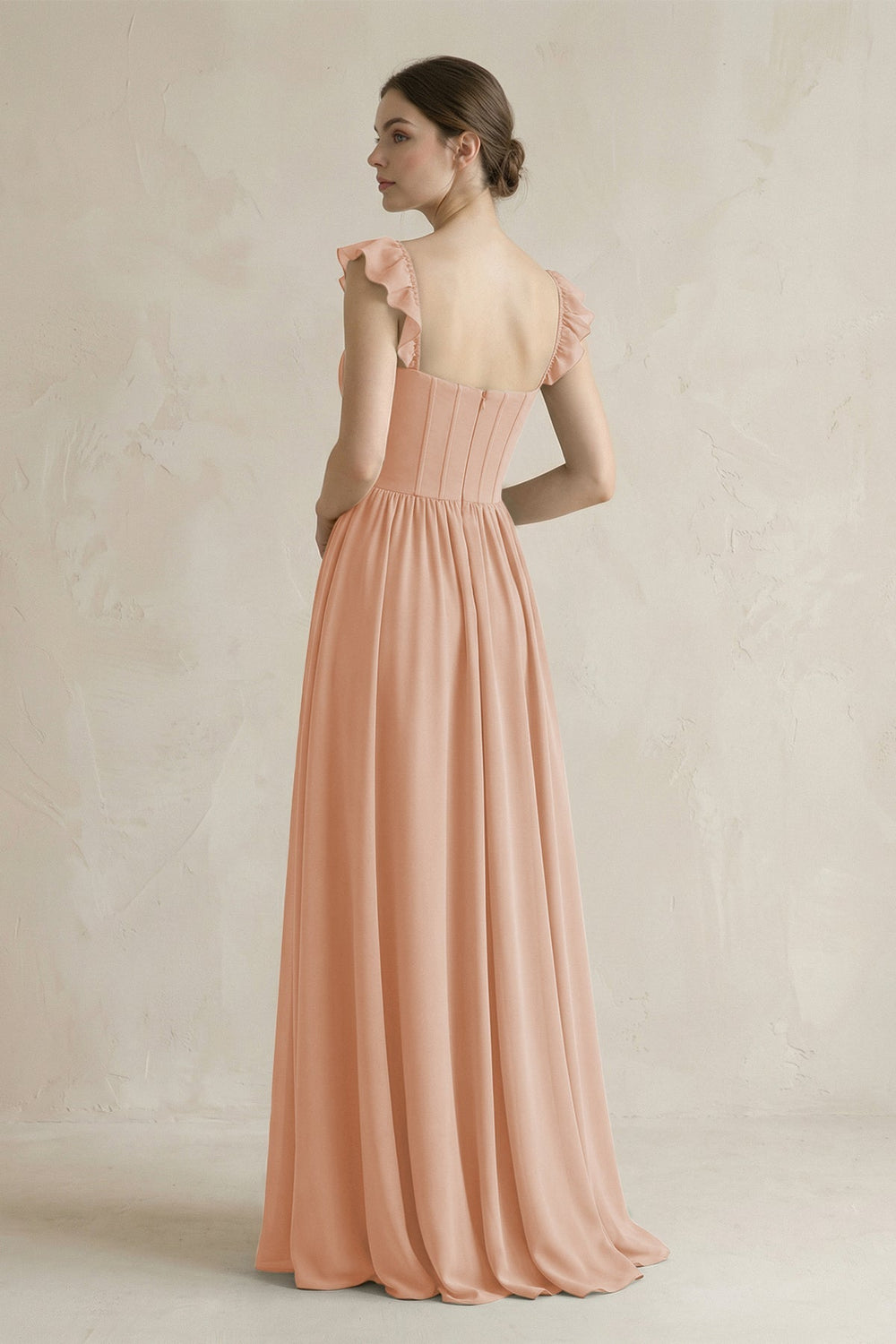 Sweetheart Chiffon Ruffled A - Line Corset Bridesmaid Dress in Champagne Rose - KissProm Bridesmaid Dresses